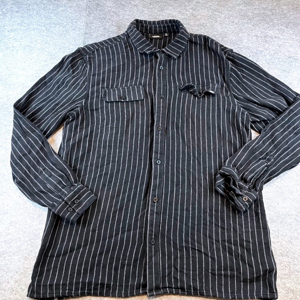 Vans Mens Pinstripe Button Down Shirt Black White Skate Grunge XL Long Sleeve